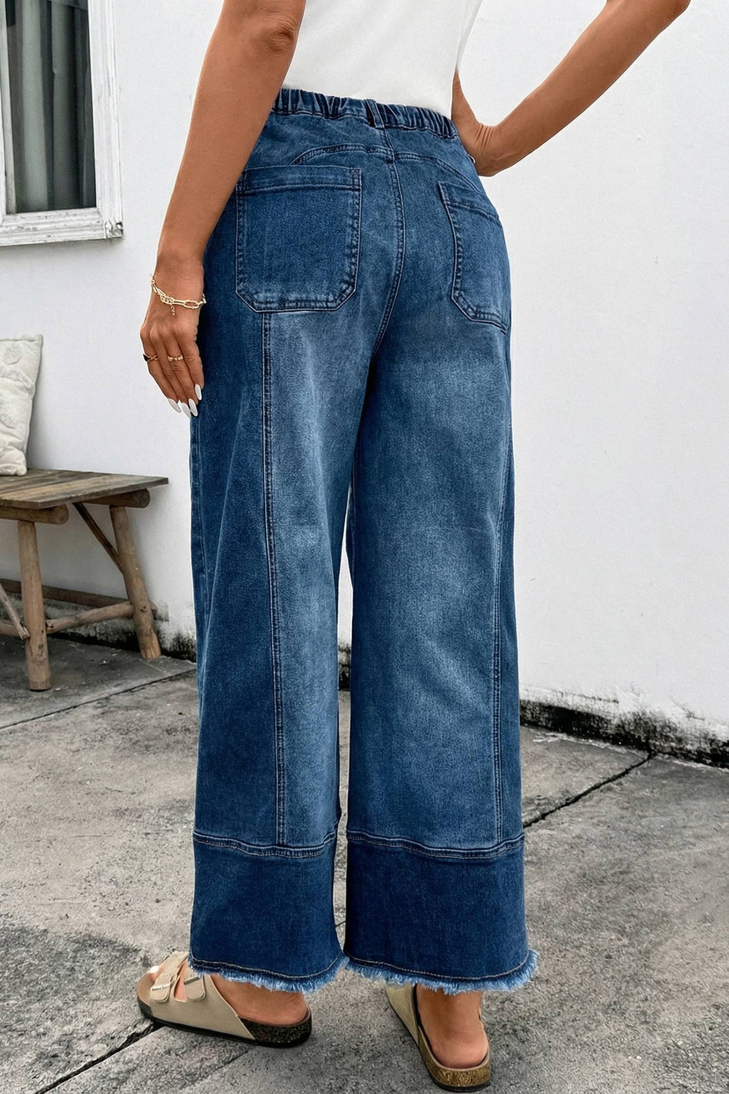 Seam Detail Raw Hem Wide Leg Drawstring Jeans | 4-16