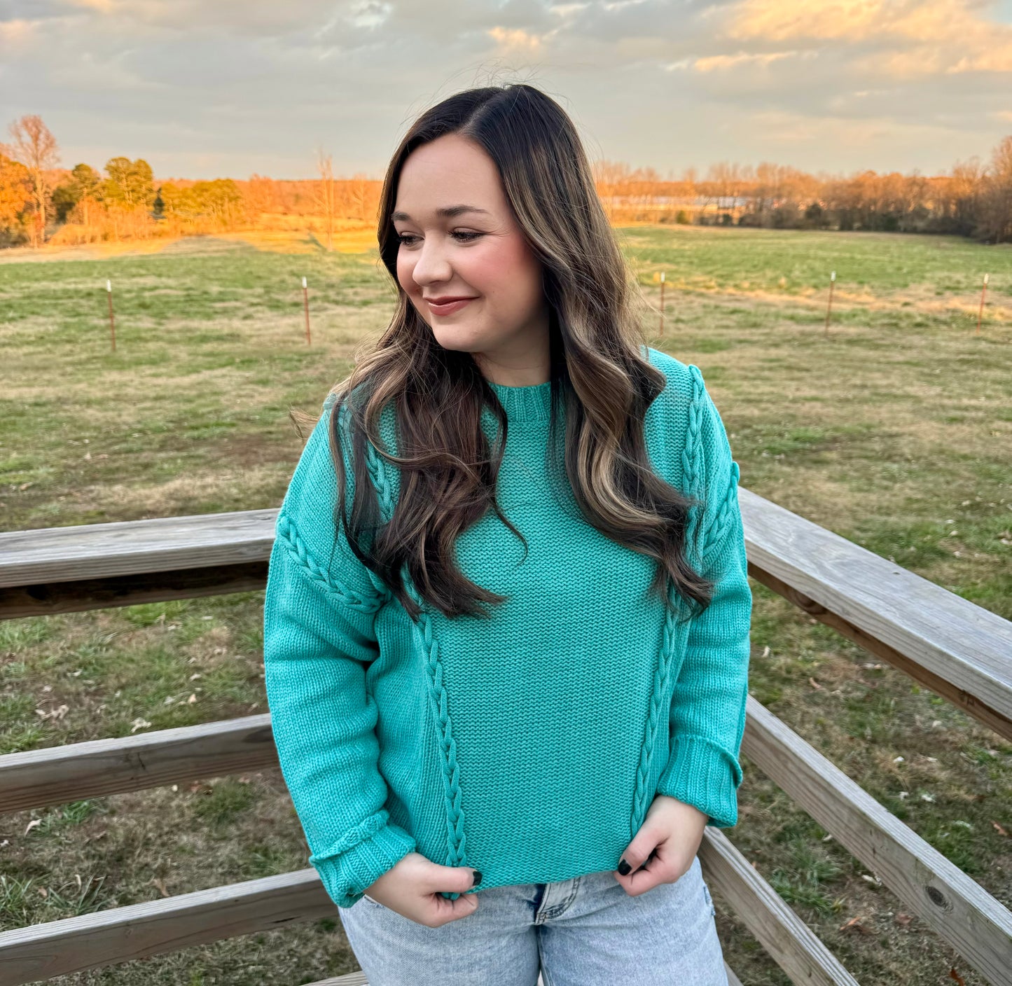 Curvy Teal Blue Chunky Braid Sweater