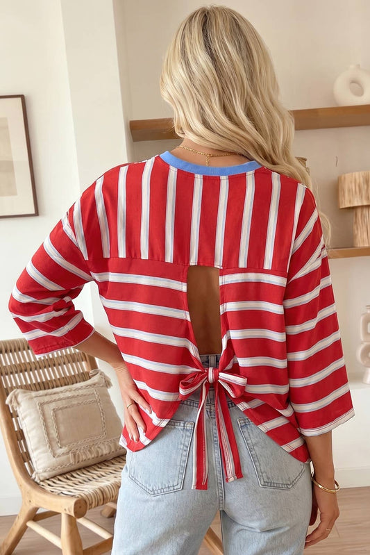Striped Backless Bracelet Sleeve Shift T-Shirt (S-XL)