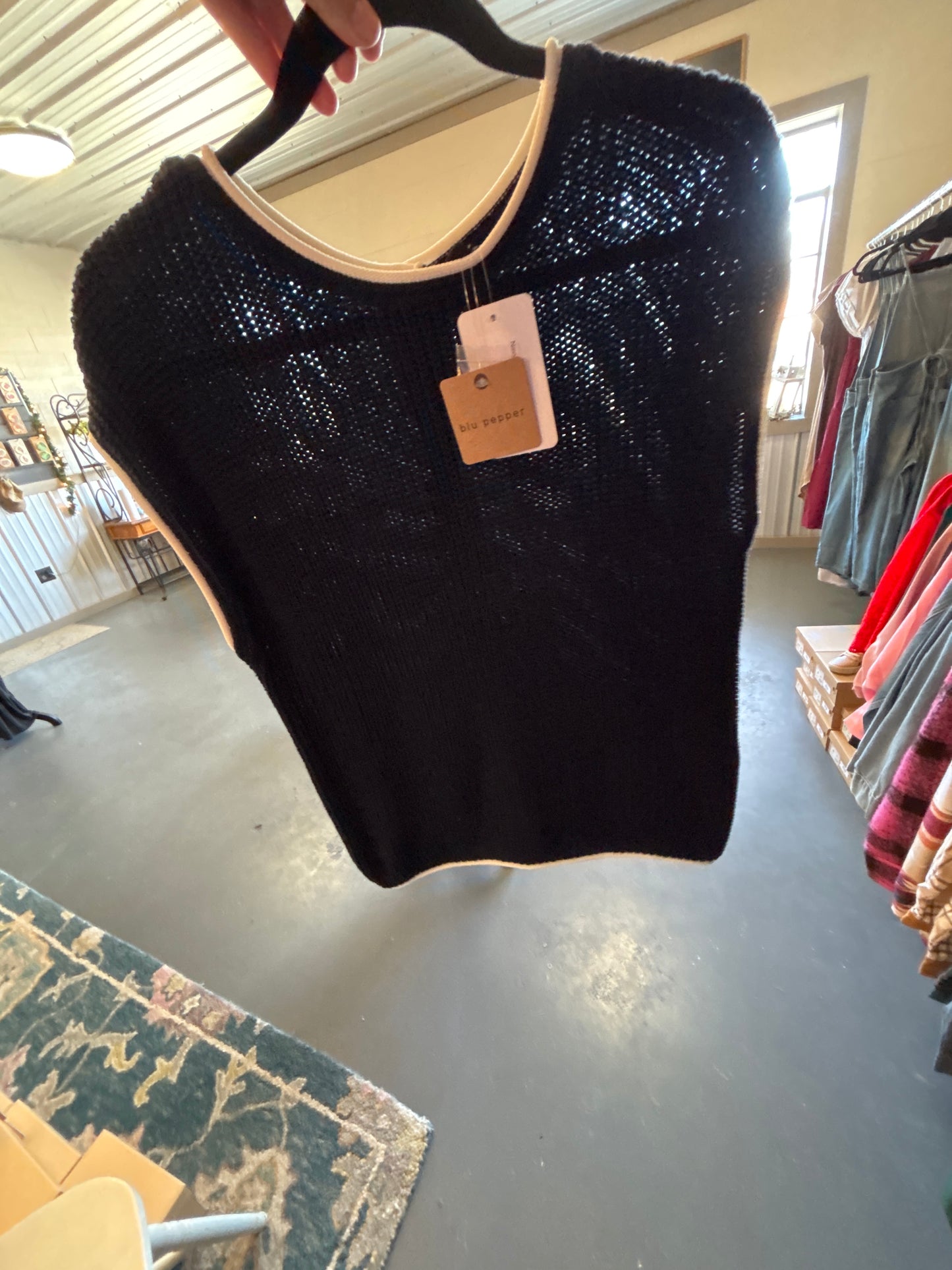 Navy Short Sleeve Sweater Top