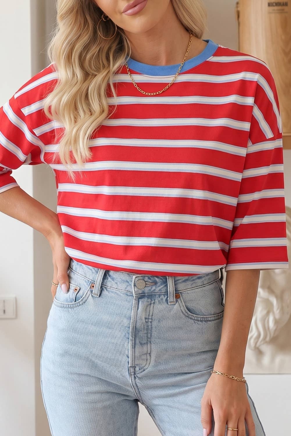 Striped Backless Bracelet Sleeve Shift T-Shirt (S-XL)