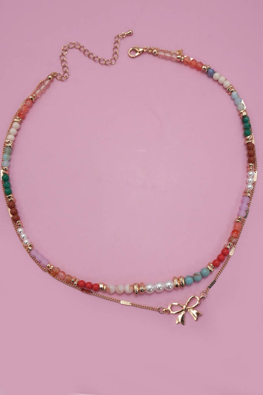 MULTI BEADED BOW CHARM DOUBLE LAYER NECKLACE