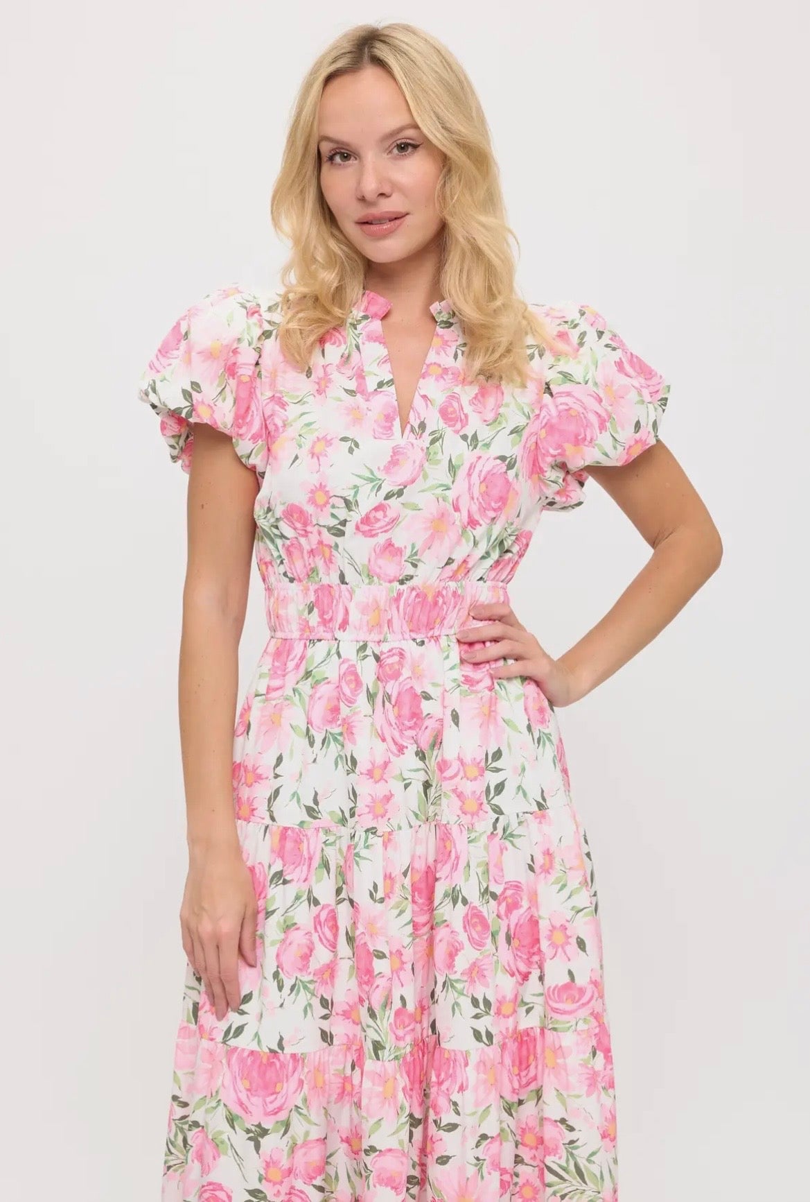 Floral V-neck puff sleeve dress