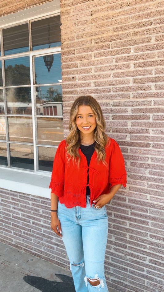 Floral Embroidery Tie Front Blouse