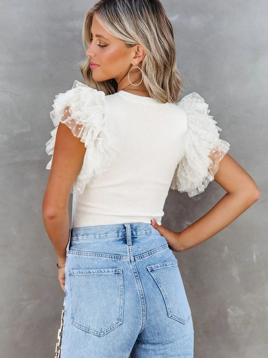 White Dotty Mesh Ruffle Sleeve Ribbed Knit Top