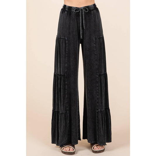 MINERAL WASH TIERED WIDE LEG ELASTIC WAIST PANTS