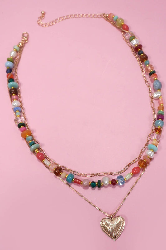 MULTI LAYERED BEADED HEART CHARM NECKLACE