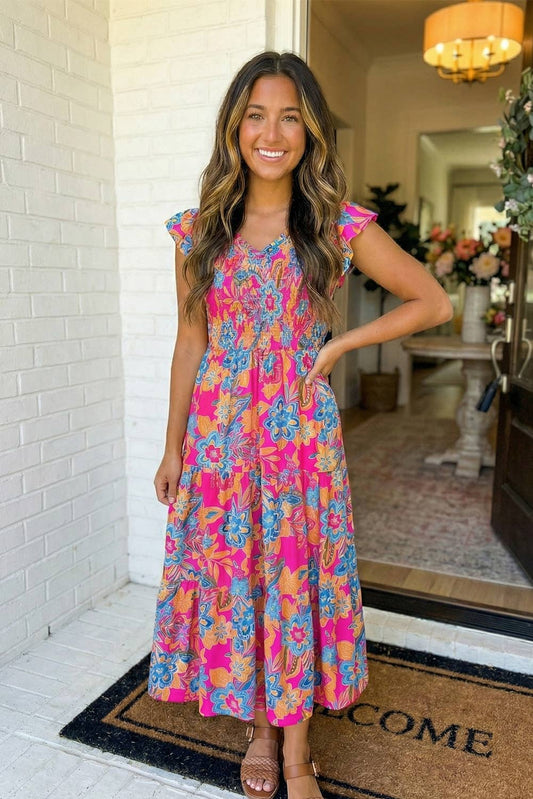 LAS Boho Floral V Neck Ruffle Tiered Dress