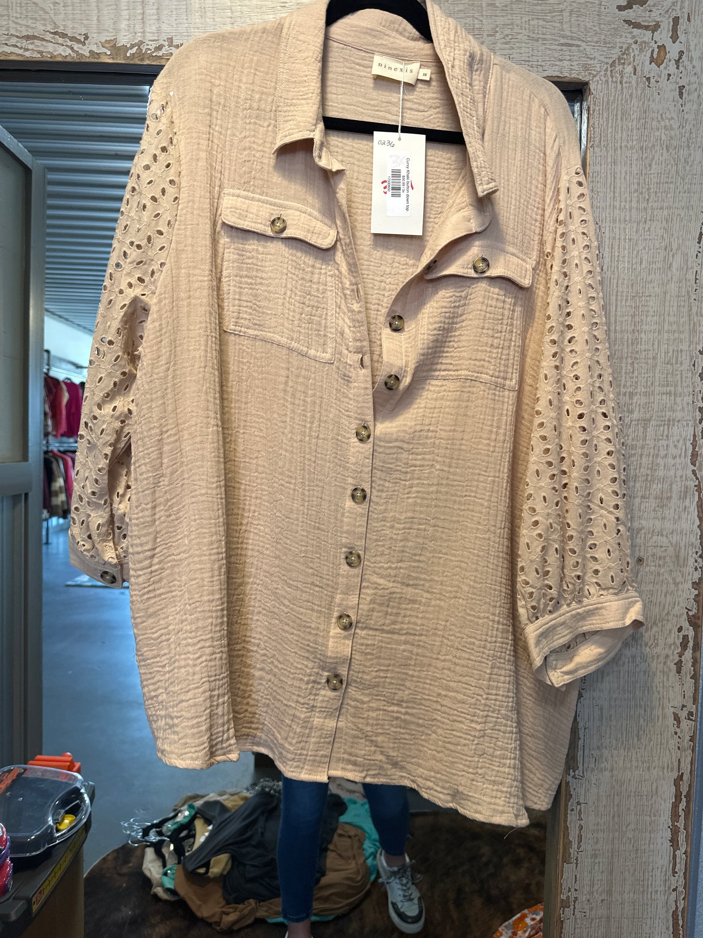curvy khaki button down top