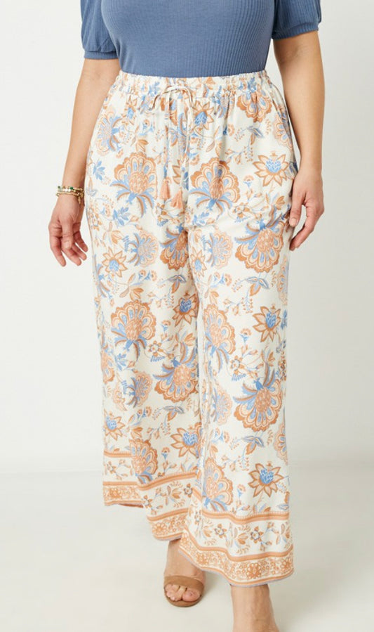 Curvy Floral Border Printed Wide Leg Pants