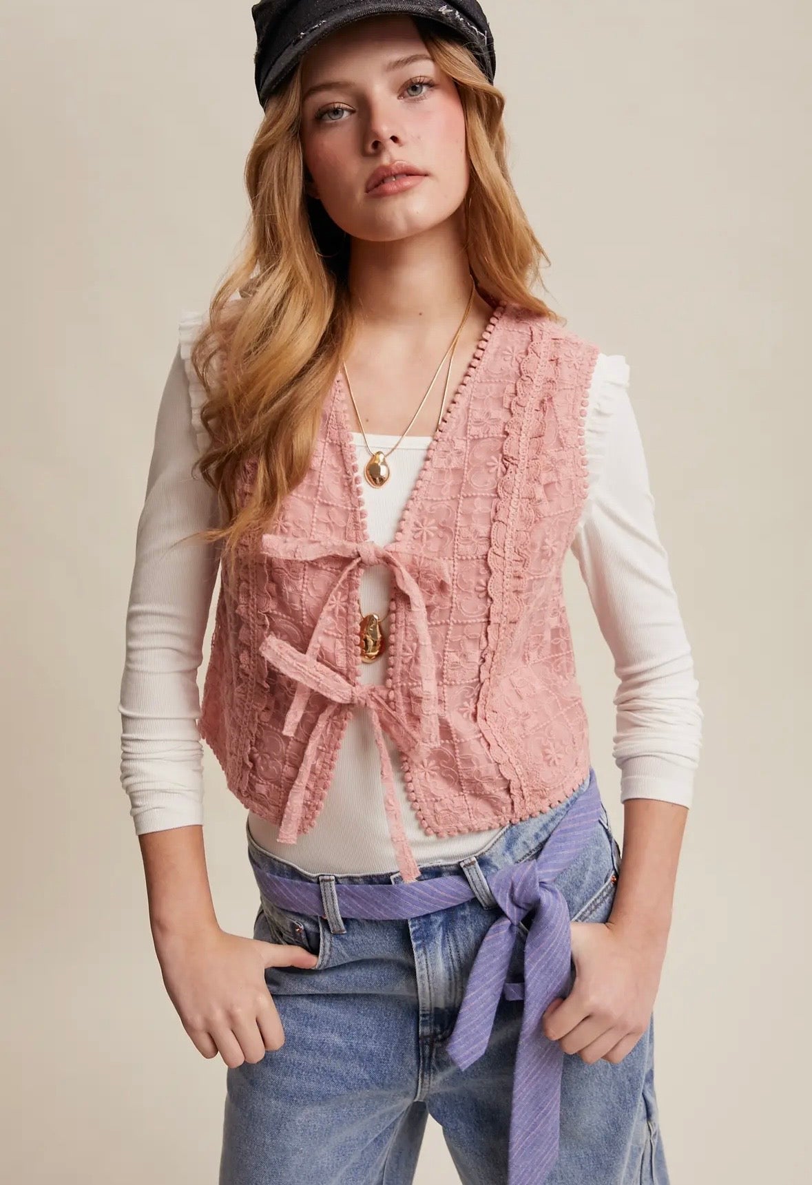 Embroidered lace tie front