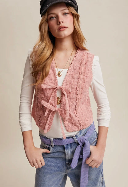 Embroidered lace tie front