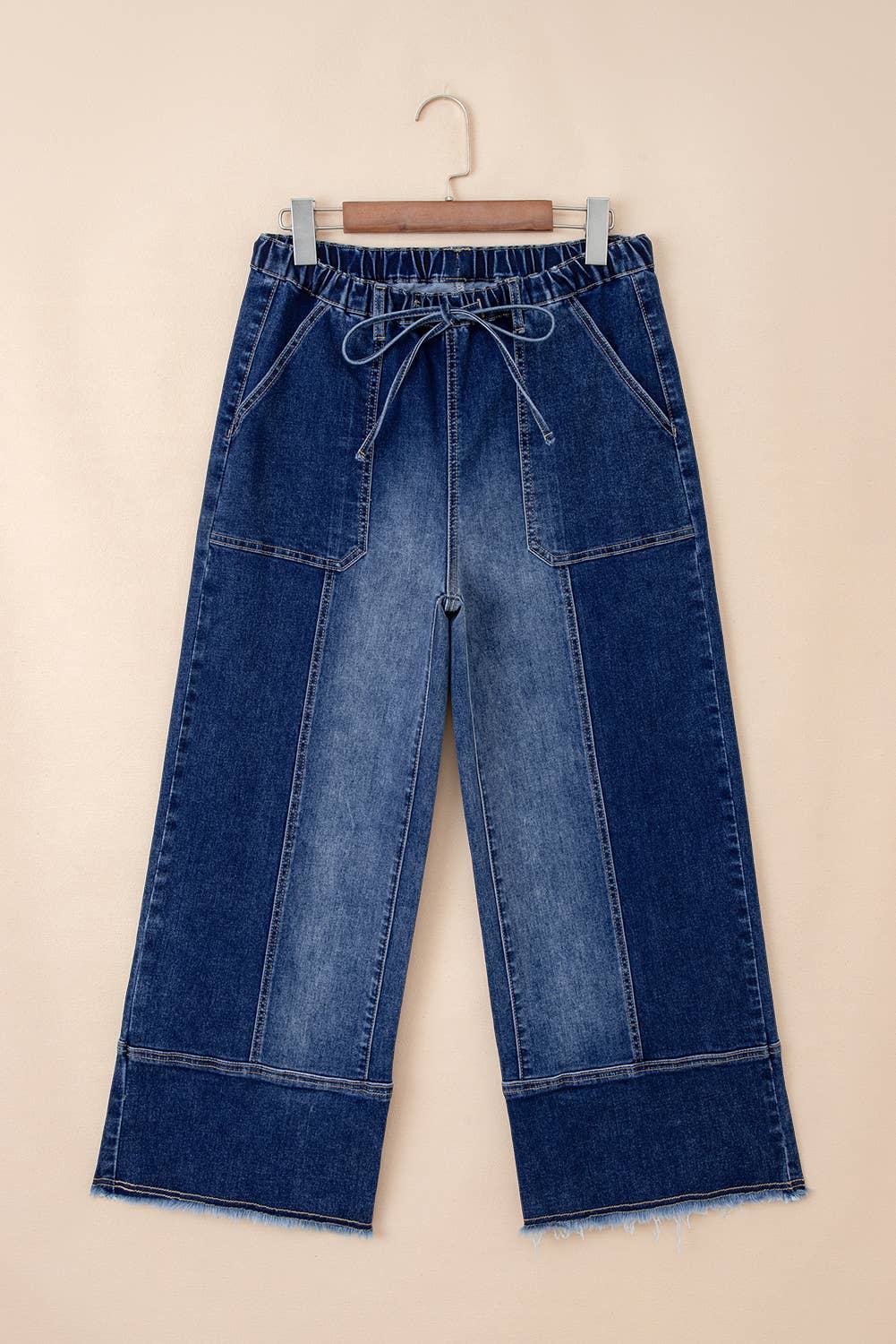 66 Drawstring Seam Detail Raw Hem Wide Leg Denim Pants