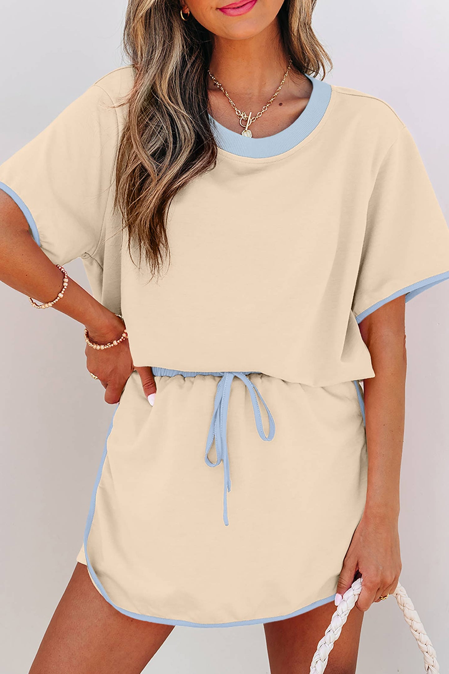LDC Colorblock Edge Drop Shoulder T Shirt and Skirt 2Pcs Set