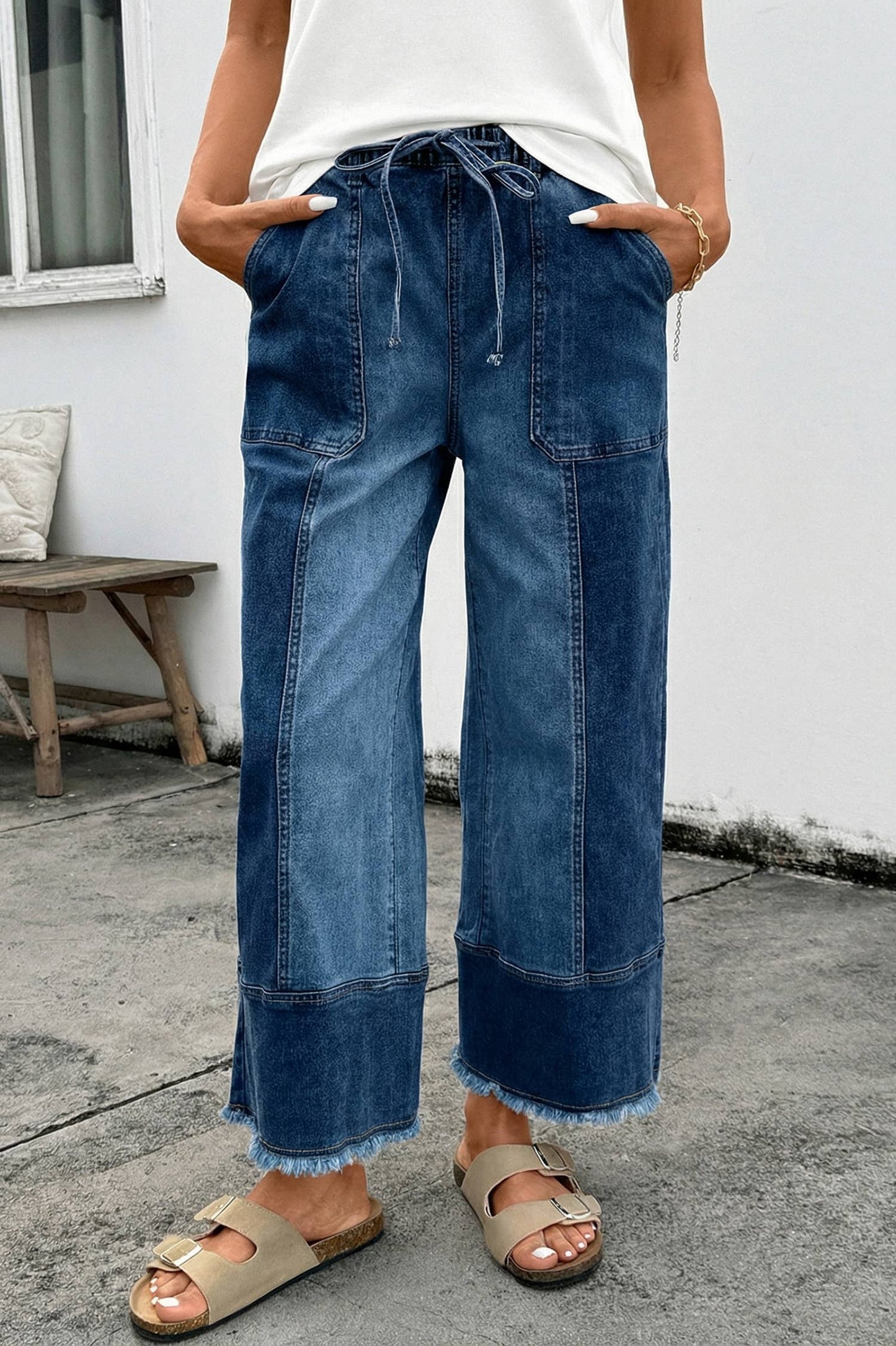 Seam Detail Raw Hem Wide Leg Drawstring Jeans | 4-16
