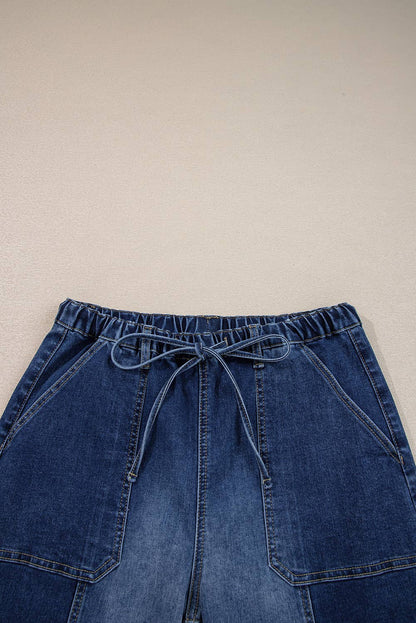 66 Drawstring Seam Detail Raw Hem Wide Leg Denim Pants