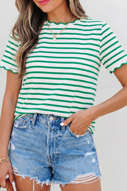 Stripe Scalloped Trim Round Neck T Shirt | S-XL Plus 1X-4X