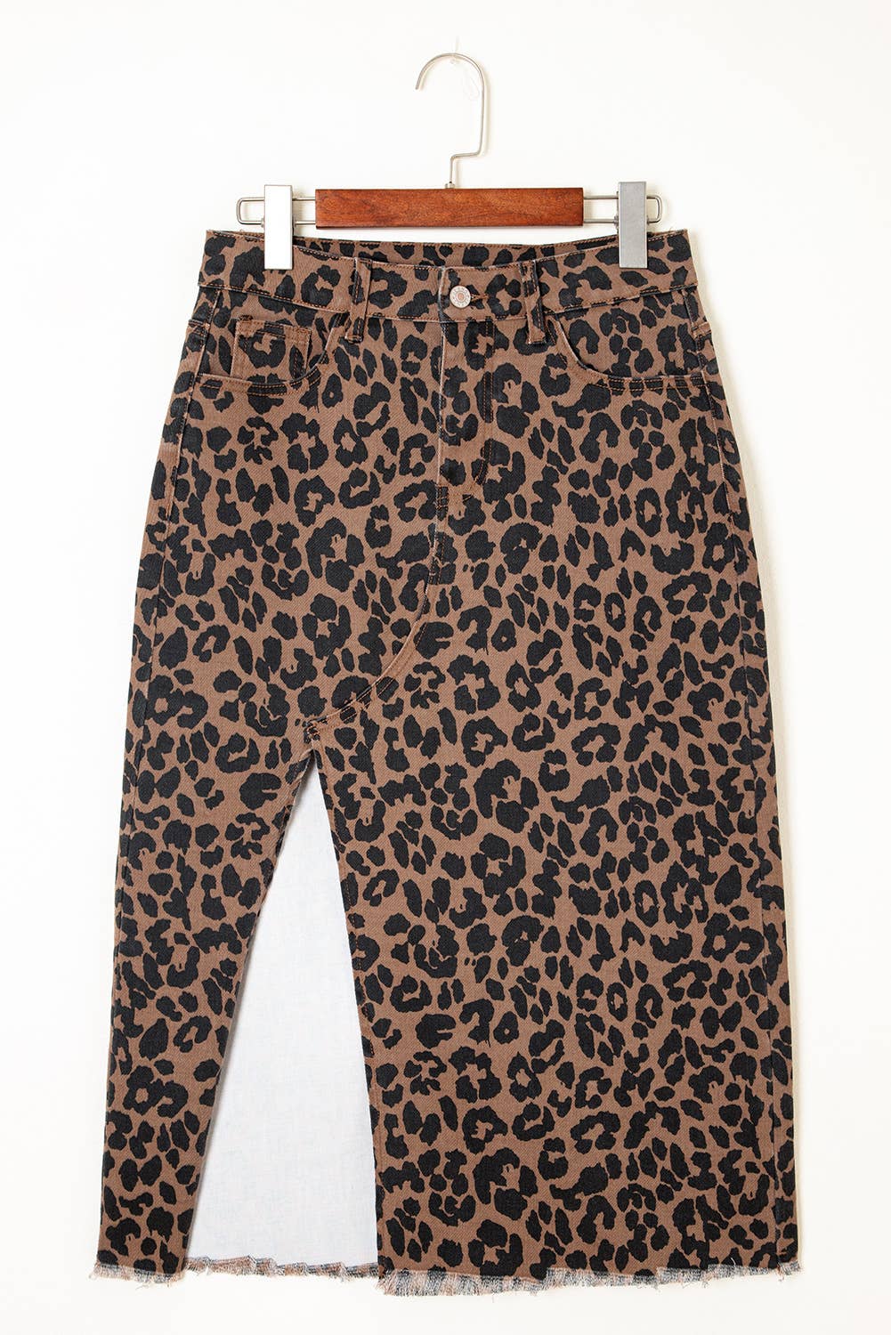 Western apparel Leopard Denim Frayed Split Denim Midi Skirt
