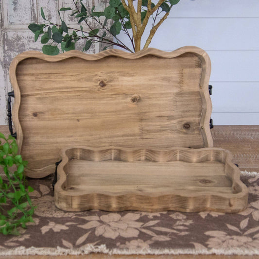 Trays - Scalloped Natural Wood (Set Of 02)
