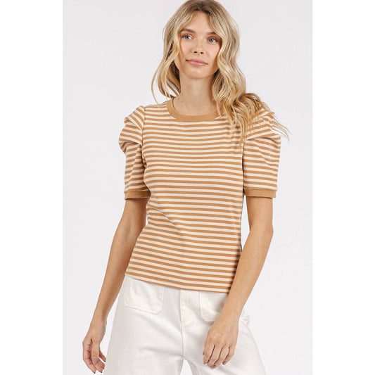 STRIPED PUFF SHOULDER SHORT SLEEVE RIB TOP
