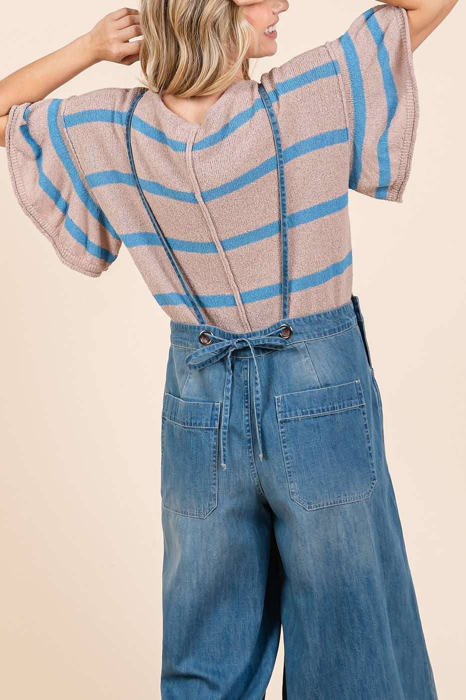 DENIM TIE BACK SLEEVELESS WIDE LEG OVERALLS