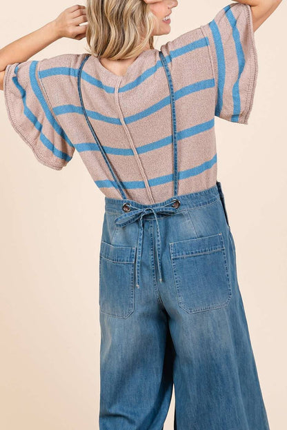 DENIM TIE BACK SLEEVELESS WIDE LEG OVERALLS