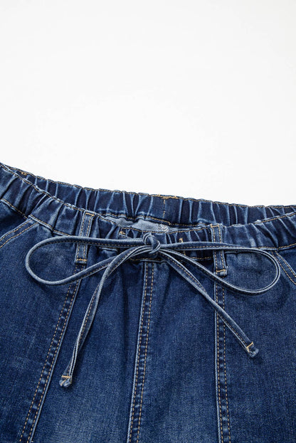 66 Drawstring Seam Detail Raw Hem Wide Leg Denim Pants