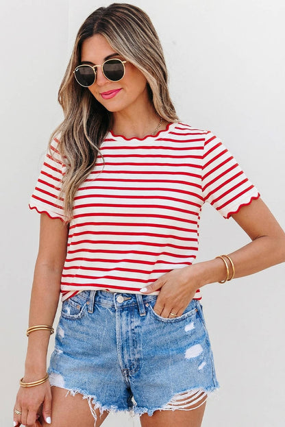 Stripe Scalloped Trim Round Neck T Shirt | S-XL Plus 1X-4X