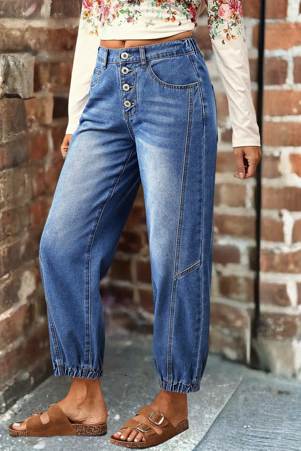 Buttons Front Tapered Casual Loose Fit Jeans