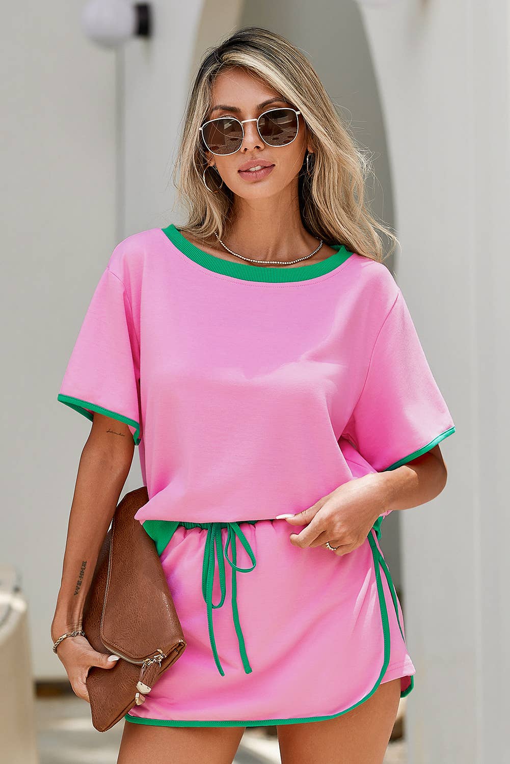 LDC Colorblock Edge Drop Shoulder T Shirt and Skirt 2Pcs Set