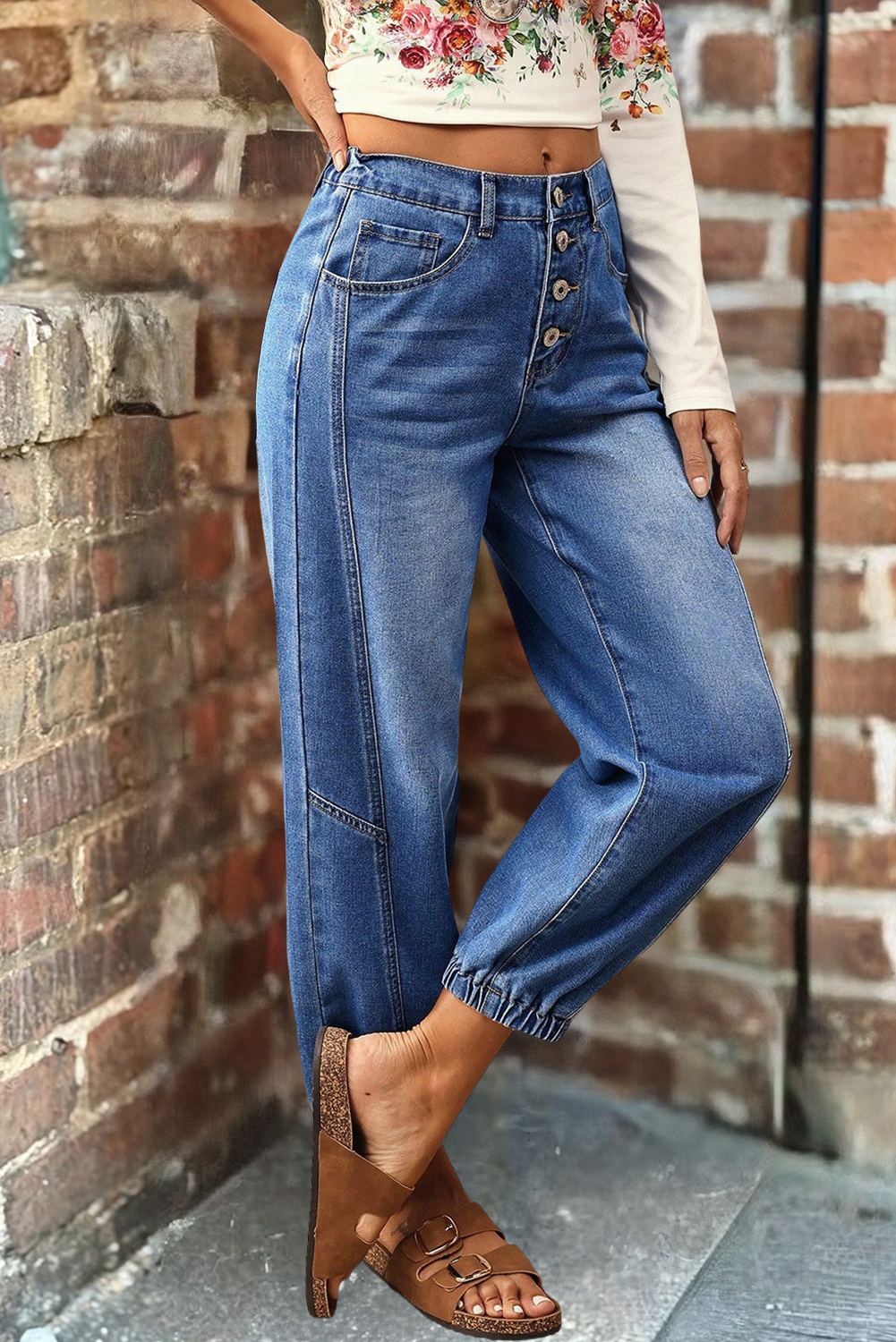Buttons Front Tapered Casual Loose Fit Jeans