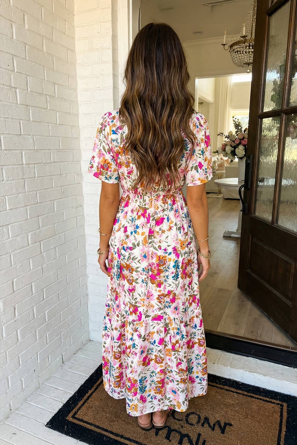 LAS Floral Short Sleeve V Neck High Waist Maxi Dress (S-XL)
