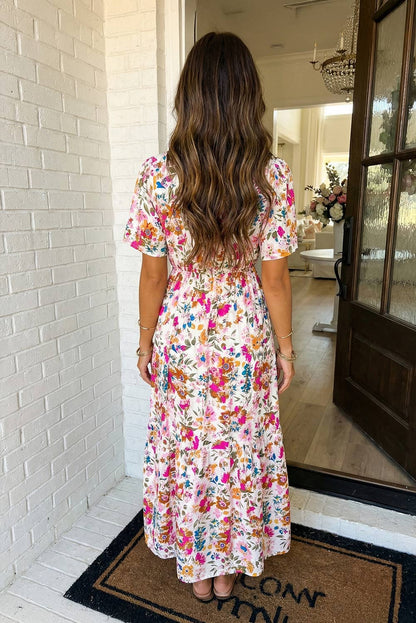 LAS Floral Short Sleeve V Neck High Waist Maxi Dress (S-XL)
