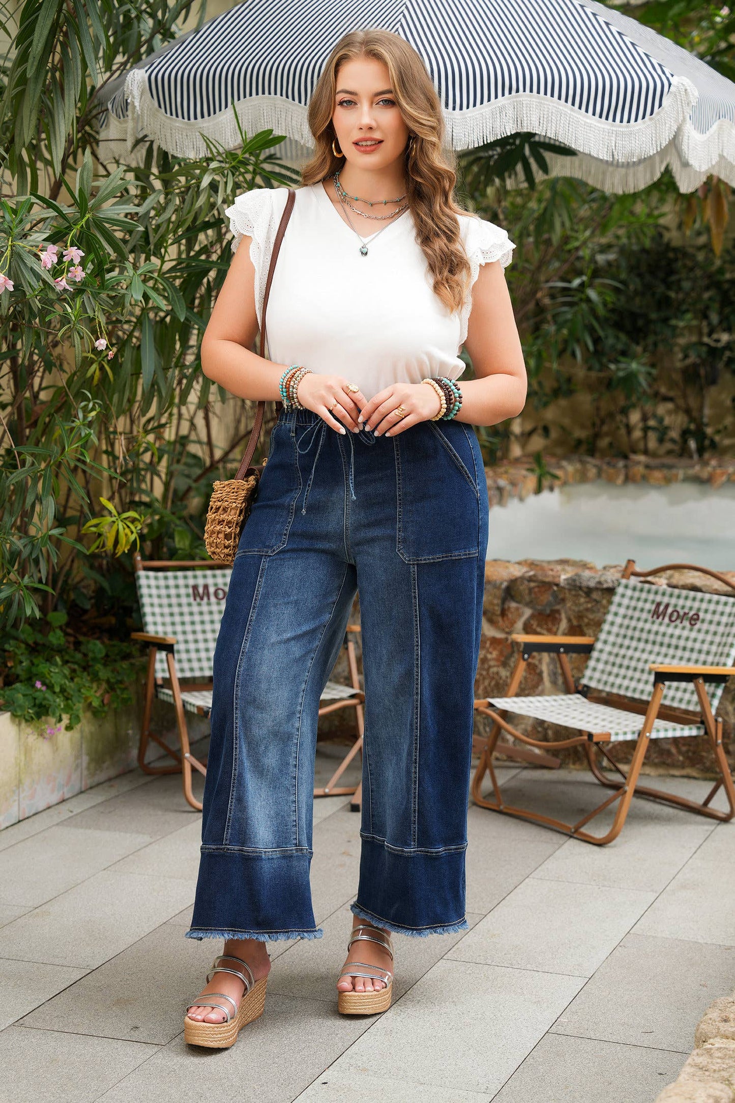 66 Drawstring Seam Detail Raw Hem Wide Leg Denim Pants