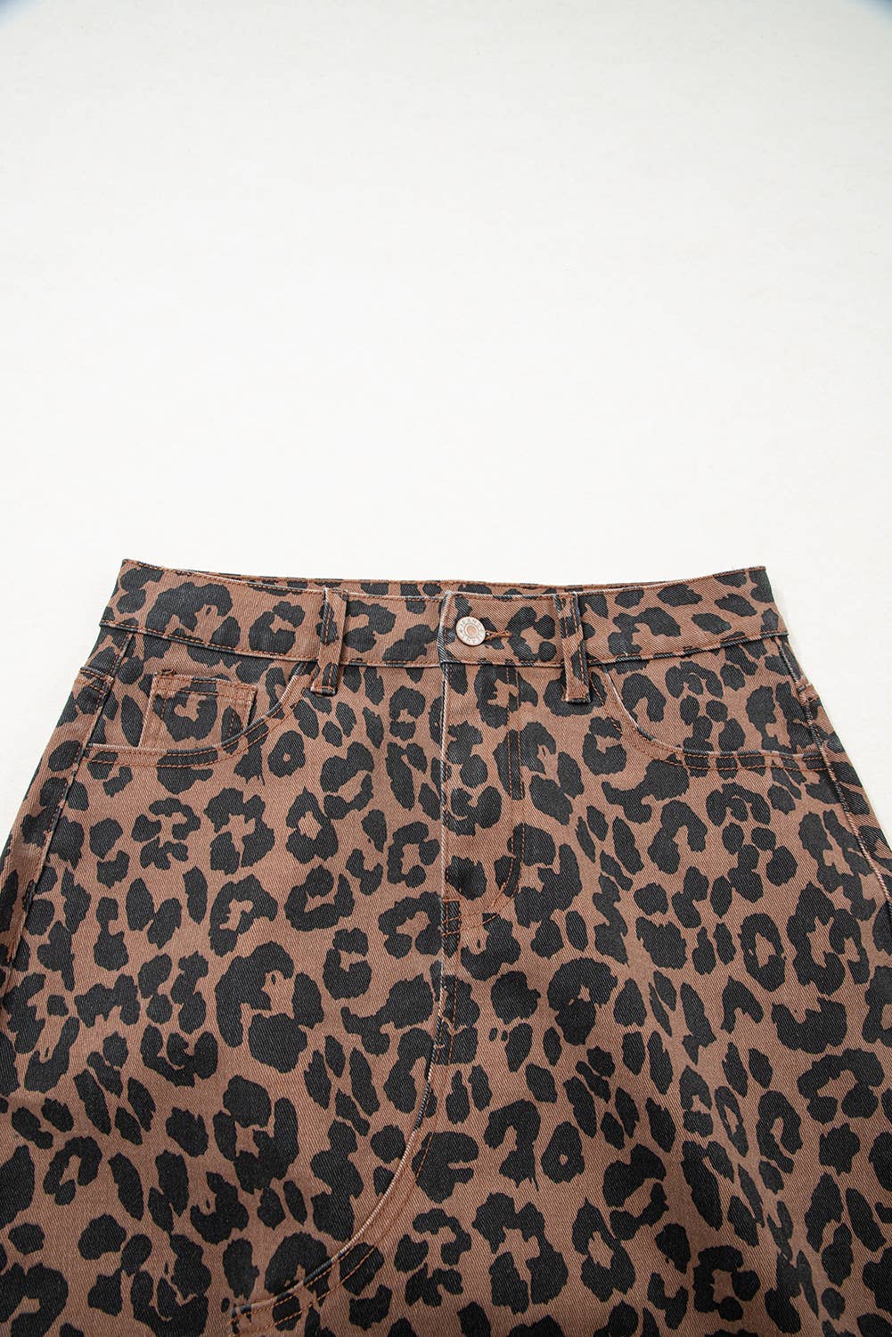 Western apparel Leopard Denim Frayed Split Denim Midi Skirt