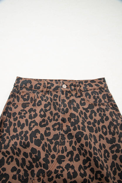 Western apparel Leopard Denim Frayed Split Denim Midi Skirt