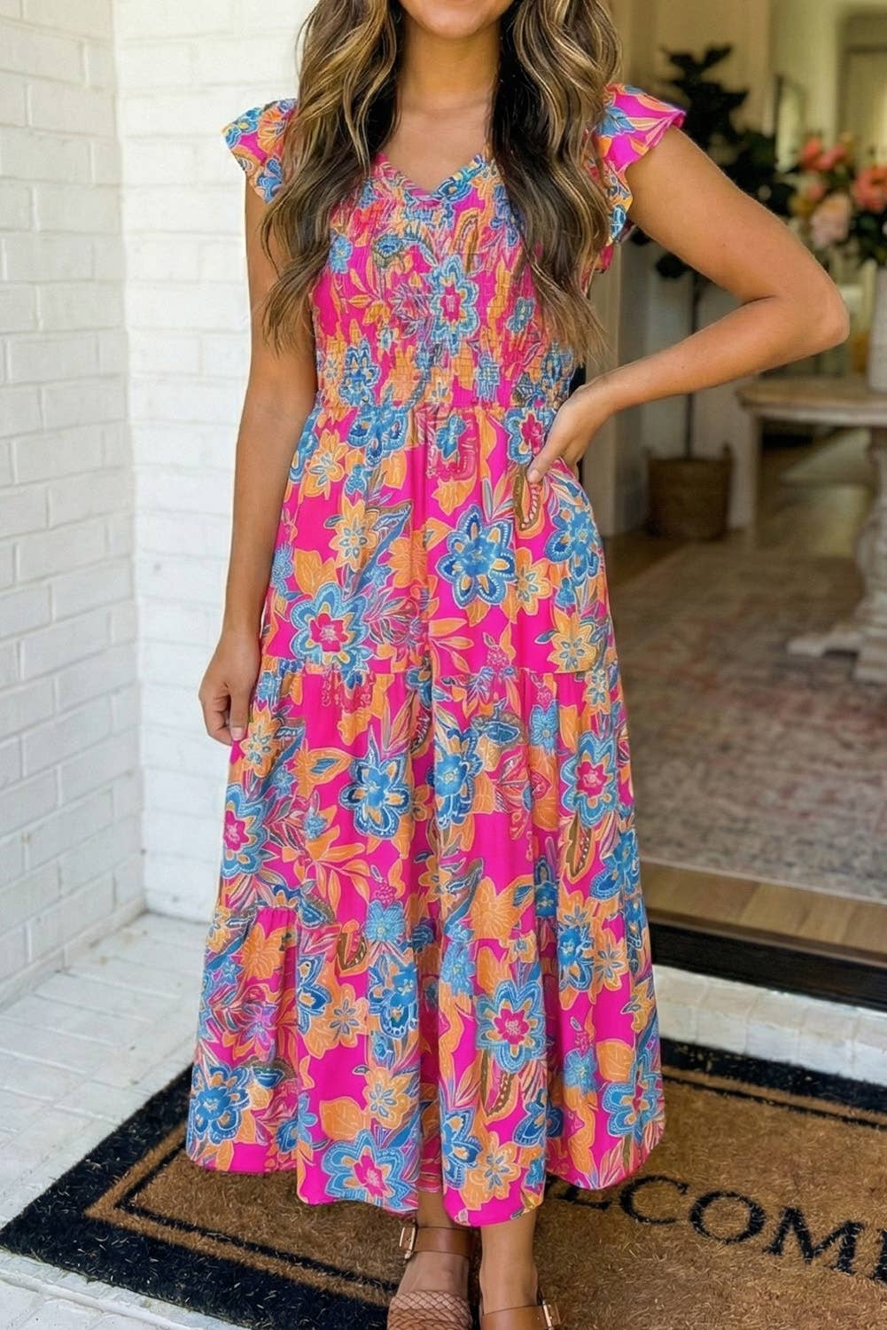 LAS Boho Floral V Neck Ruffle Tiered Dress