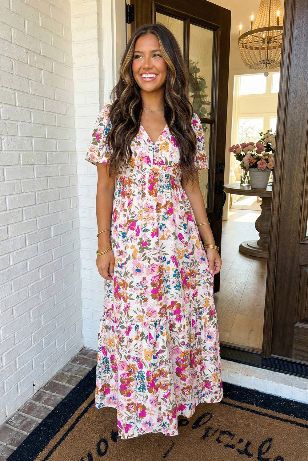 LAS Floral Short Sleeve V Neck High Waist Maxi Dress (S-XL)