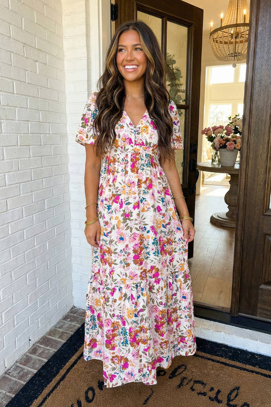 LAS Floral Short Sleeve V Neck High Waist Maxi Dress (S-XL)