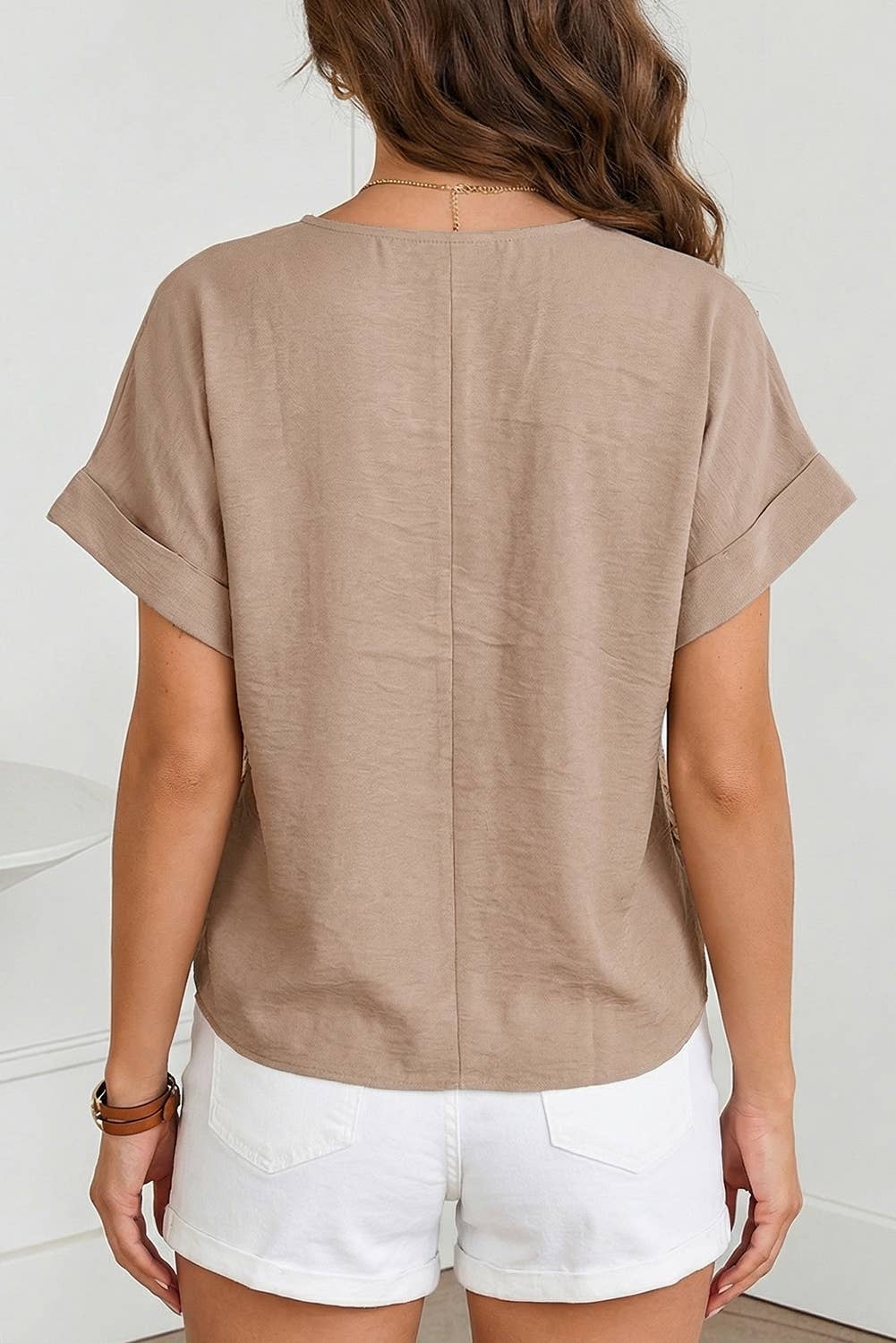 Crochet Lace Accent Pullover Rolled Short Sleeve Blouse