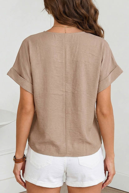 Crochet Lace Accent Pullover Rolled Short Sleeve Blouse