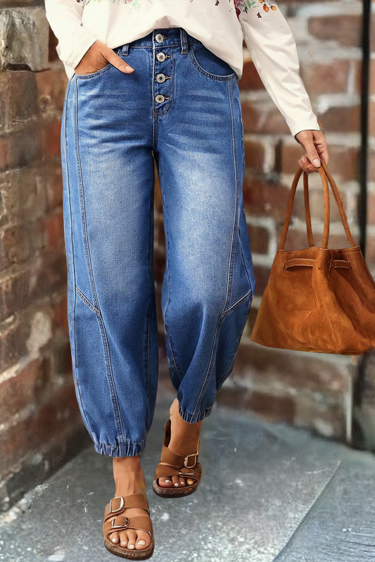 Buttons Front Tapered Casual Loose Fit Jeans