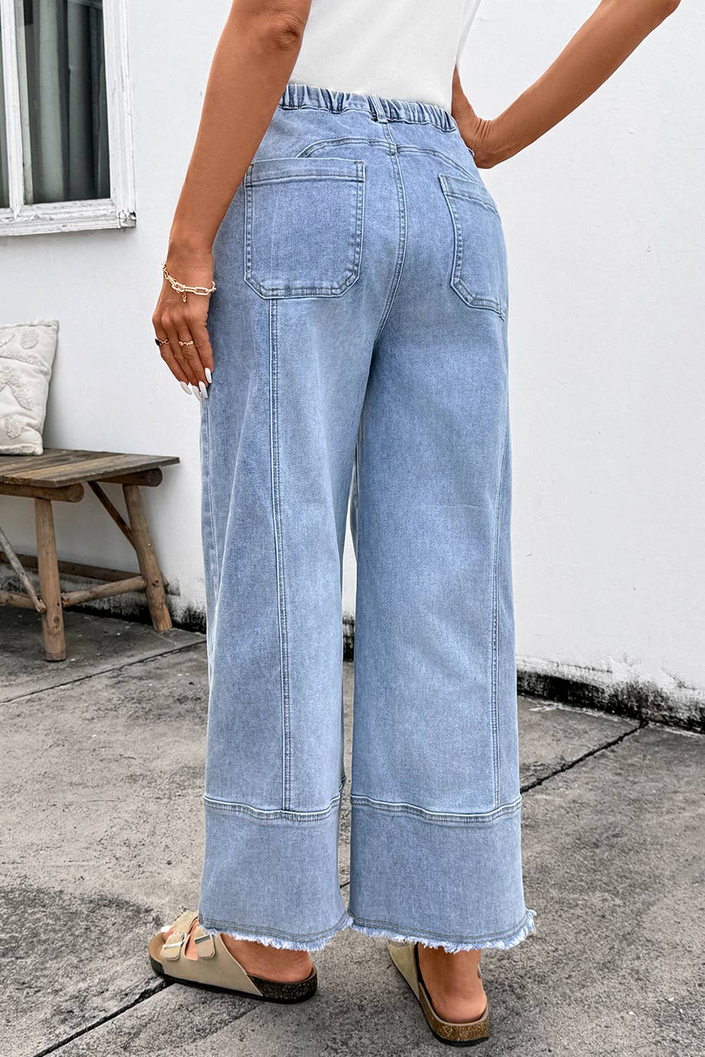 Seam Detail Raw Hem Wide Leg Drawstring Jeans | 4-16