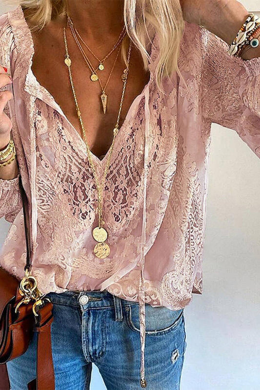 Lace Crochet V Neck Button Up Long Sleeve Blouse (S-2XL)