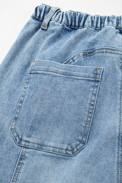 66 Drawstring Seam Detail Raw Hem Wide Leg Denim Pants
