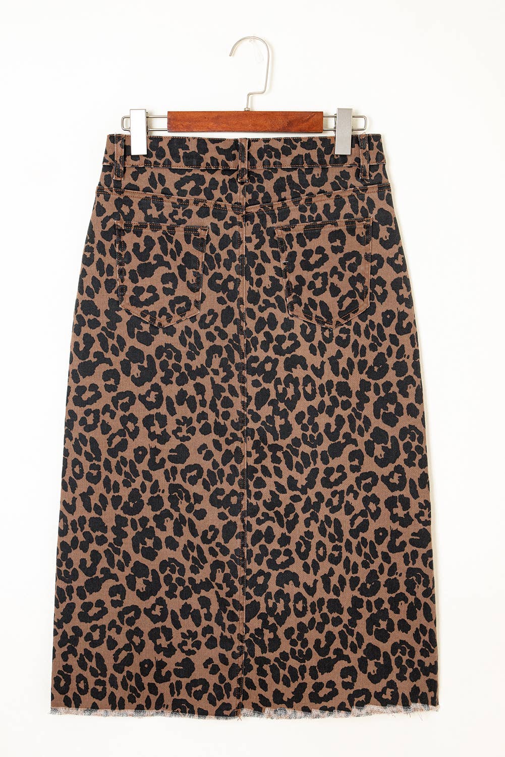 Western apparel Leopard Denim Frayed Split Denim Midi Skirt
