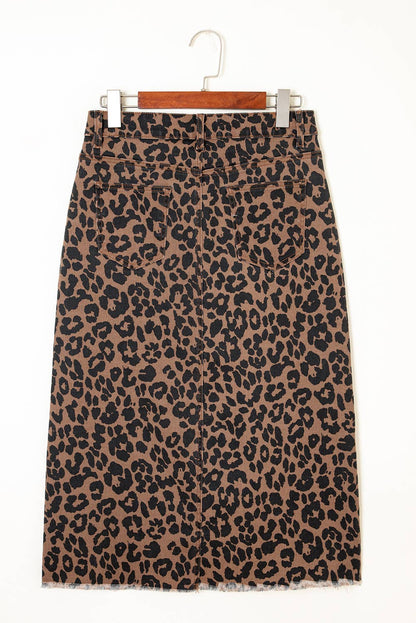 Western apparel Leopard Denim Frayed Split Denim Midi Skirt
