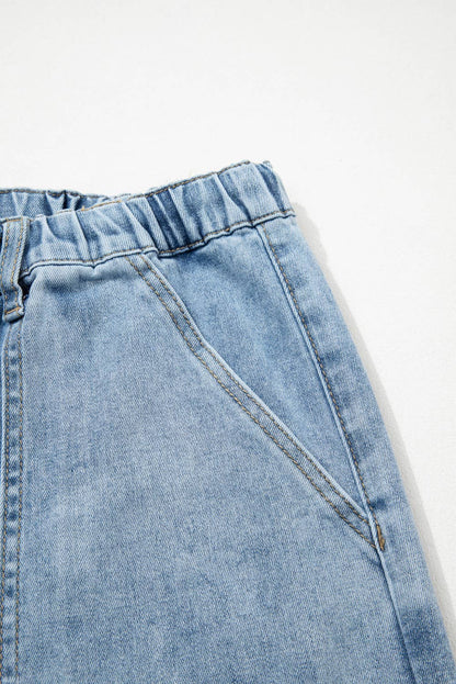 66 Drawstring Seam Detail Raw Hem Wide Leg Denim Pants