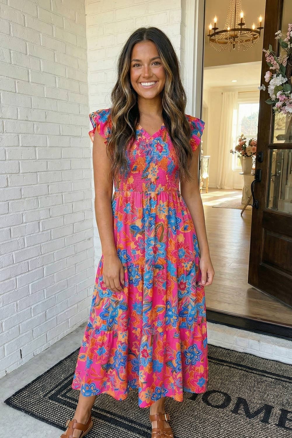 LAS Boho Floral V Neck Ruffle Tiered Dress