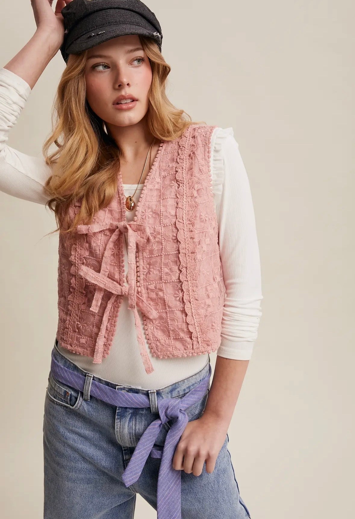 Embroidered lace tie front